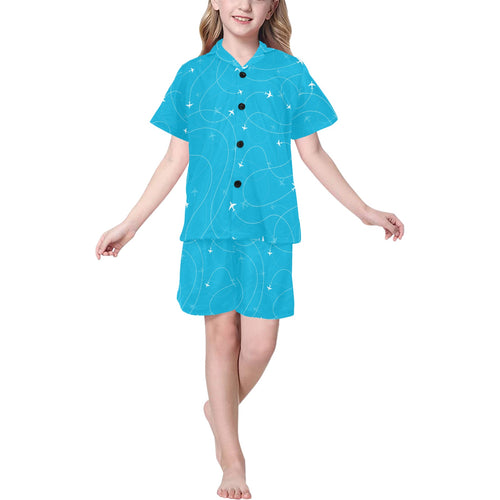 Airplane destinations blue background Kids' Boys' Girls' V-Neck Short Pajama Set