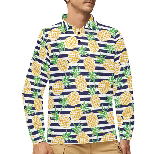 Pineapples pattern striped background Men's Long Sleeve Polo Shirt