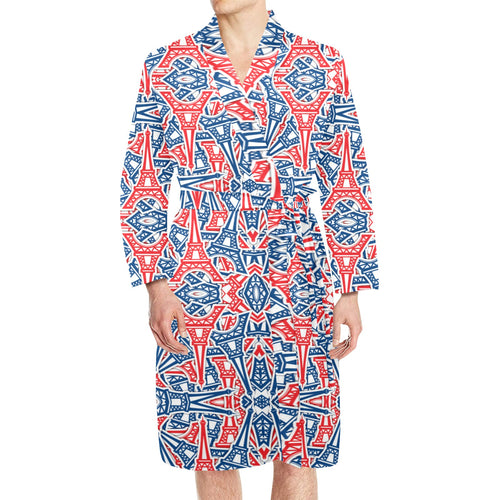 Blue Red Eiffel Tower Pattern Print Design 02 Men's Long Sleeve Belted Night Robe