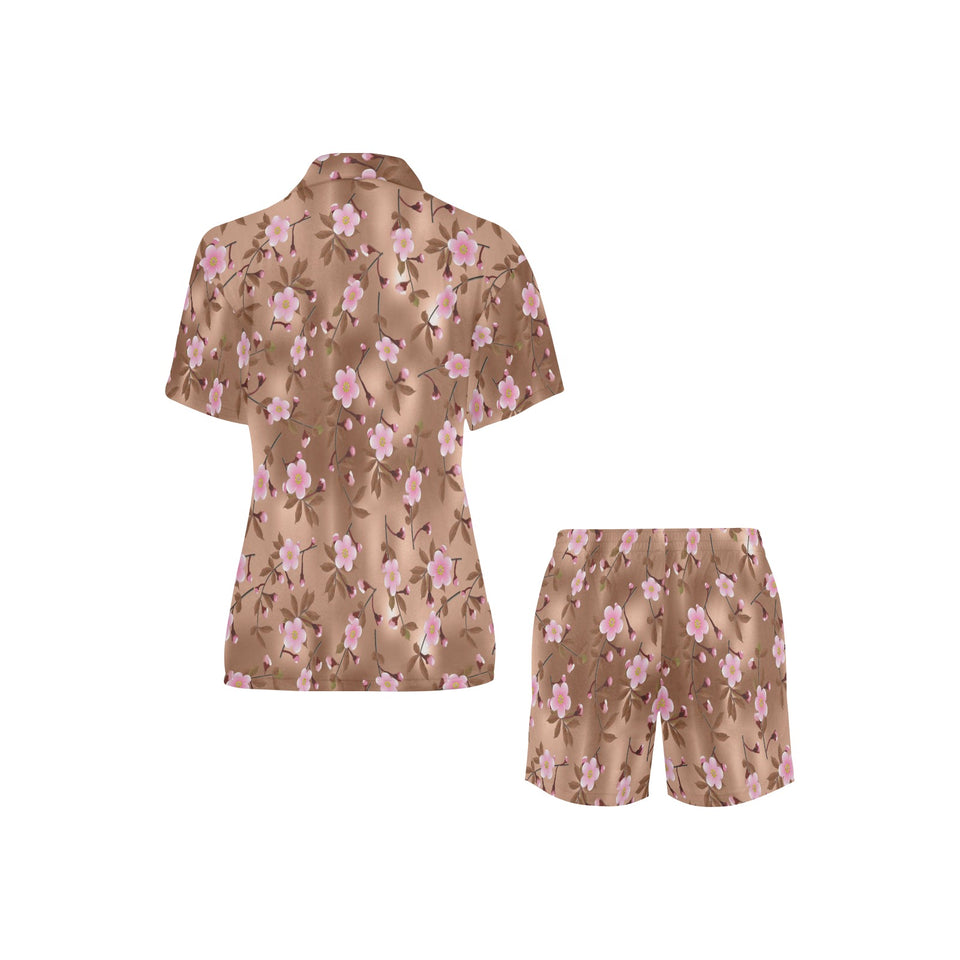 Pink sakura cherry blossom drak brown background Women's V-Neck Short Pajama Set