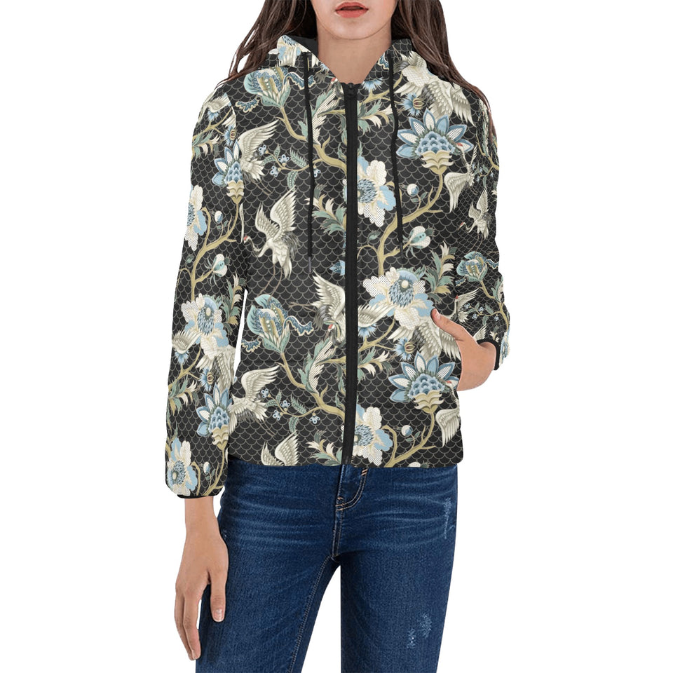 Japanese crane ornament elements Women's Padded Hooded Jacket