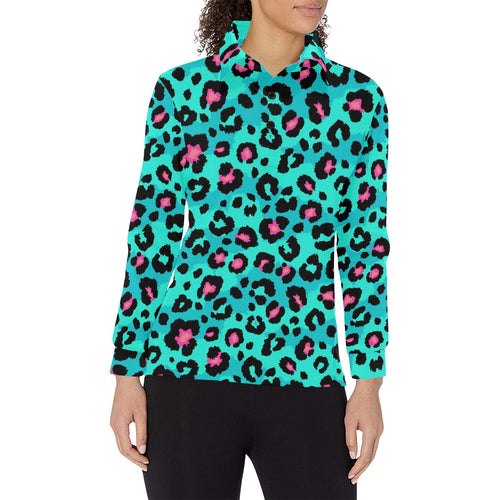 Green leopard skin print pattern Women's Long Sleeve Polo Shirt