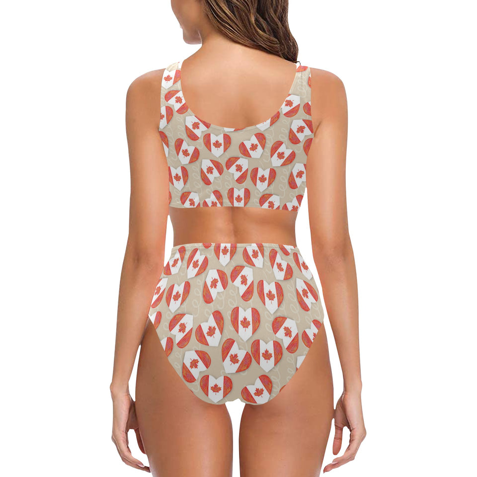 Canada Pattern Print Design 01 Chest Bowknot High Waisted Bikini Swimsuit