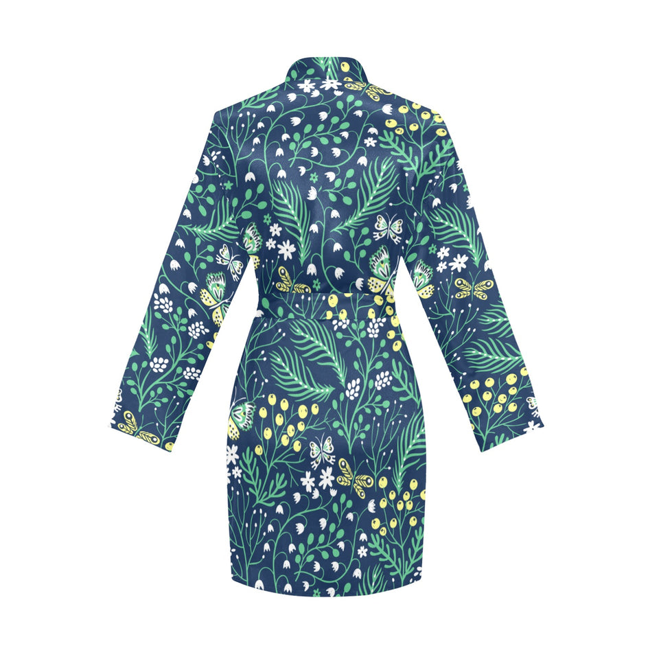 butterfly leaves pattern Women's Long Sleeve Belted Night Robe