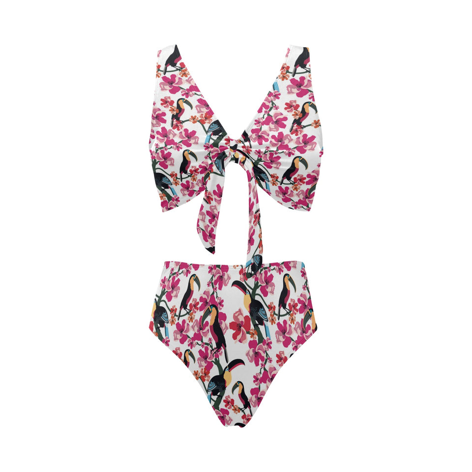 Toucan flower design pattern Chest Bowknot High Waisted Bikini Swimsuit