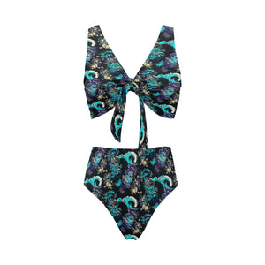 Dragon sea wave pattern Chest Bowknot High Waisted Bikini Swimsuit