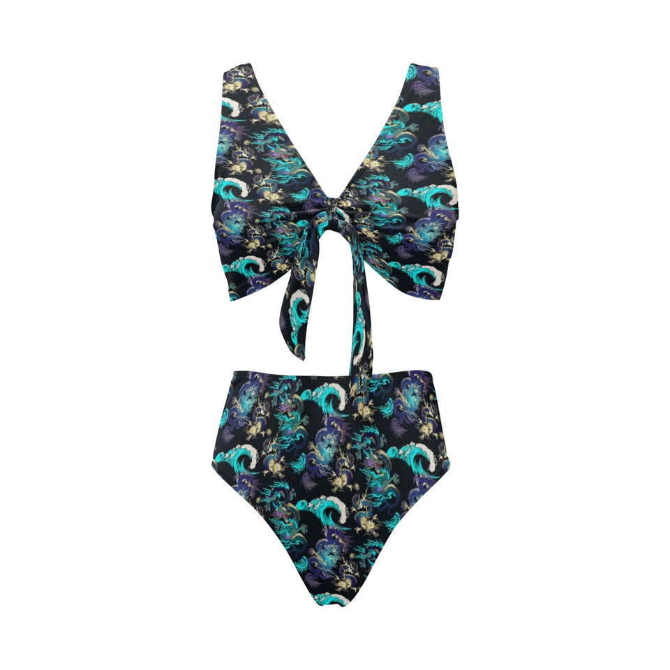 Dragon sea wave pattern Chest Bowknot High Waisted Bikini Swimsuit