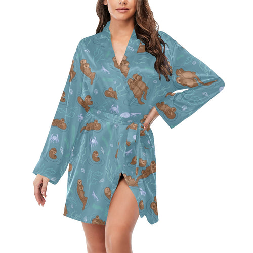 Sea otters pattern Women's Long Sleeve Belted Night Robe
