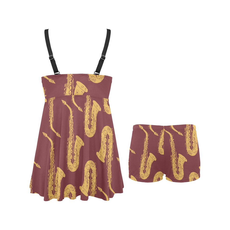 Hand drawn gold saxophone red background Chest Sexy Pleated Two Piece Swim Dress