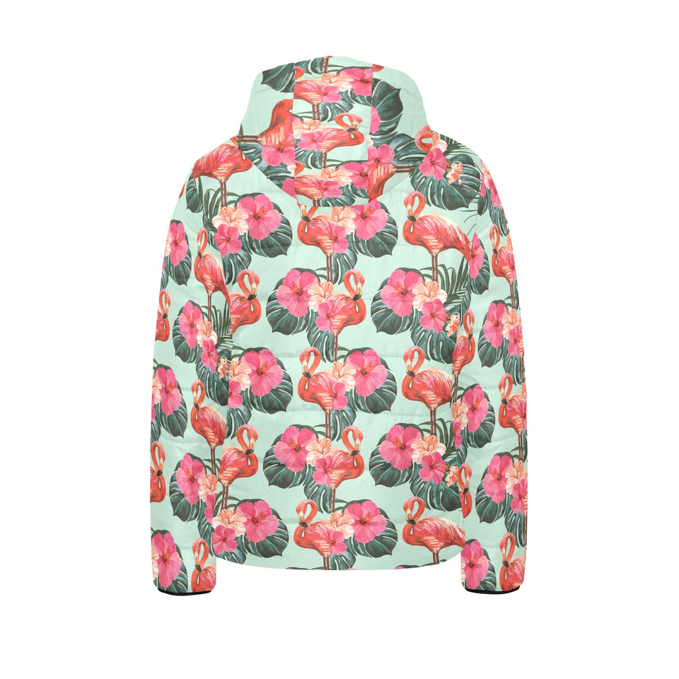 Beautiful flamingo tropical palm leaves hibiscus p Kids' Boys' Girls' Padded Hooded Jacket