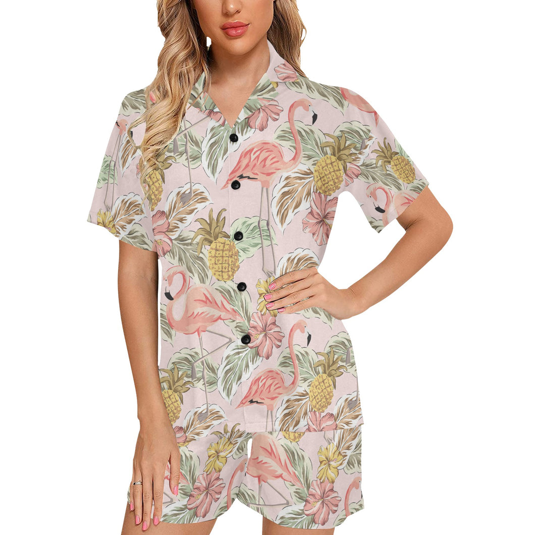 Pink flamingo birds pineapples hibiscus flower pat Women's V-Neck Short Pajama Set