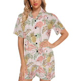 Pink flamingo birds pineapples hibiscus flower pat Women's V-Neck Short Pajama Set