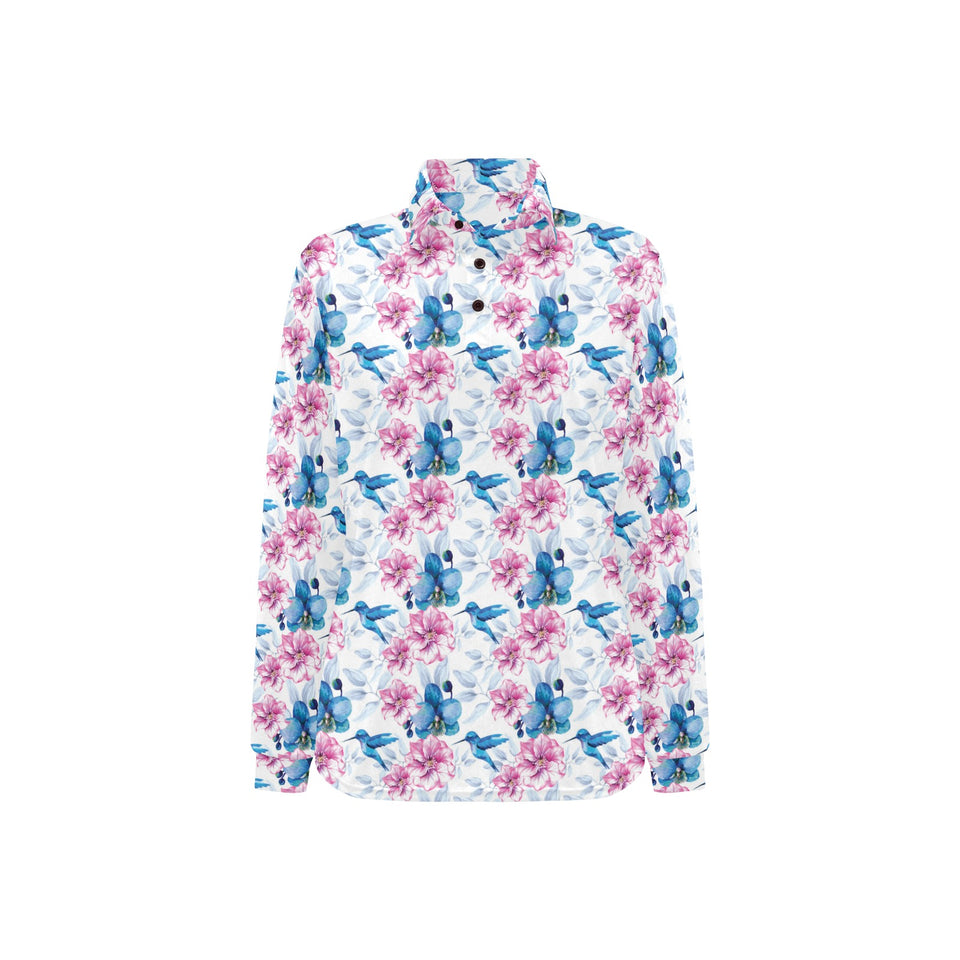 Hummingbird Pattern Print Design 02 Women's Long Sleeve Polo Shirt