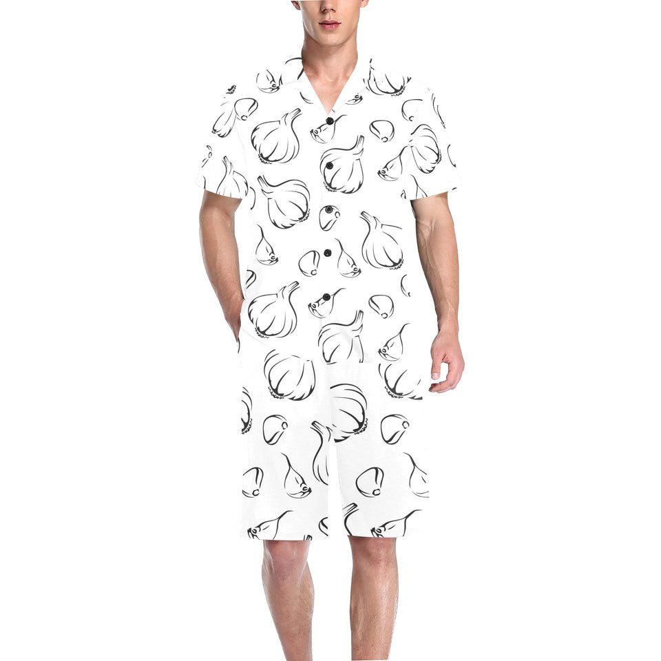 Garlic pattern black white Men's V-Neck Short Pajama Set