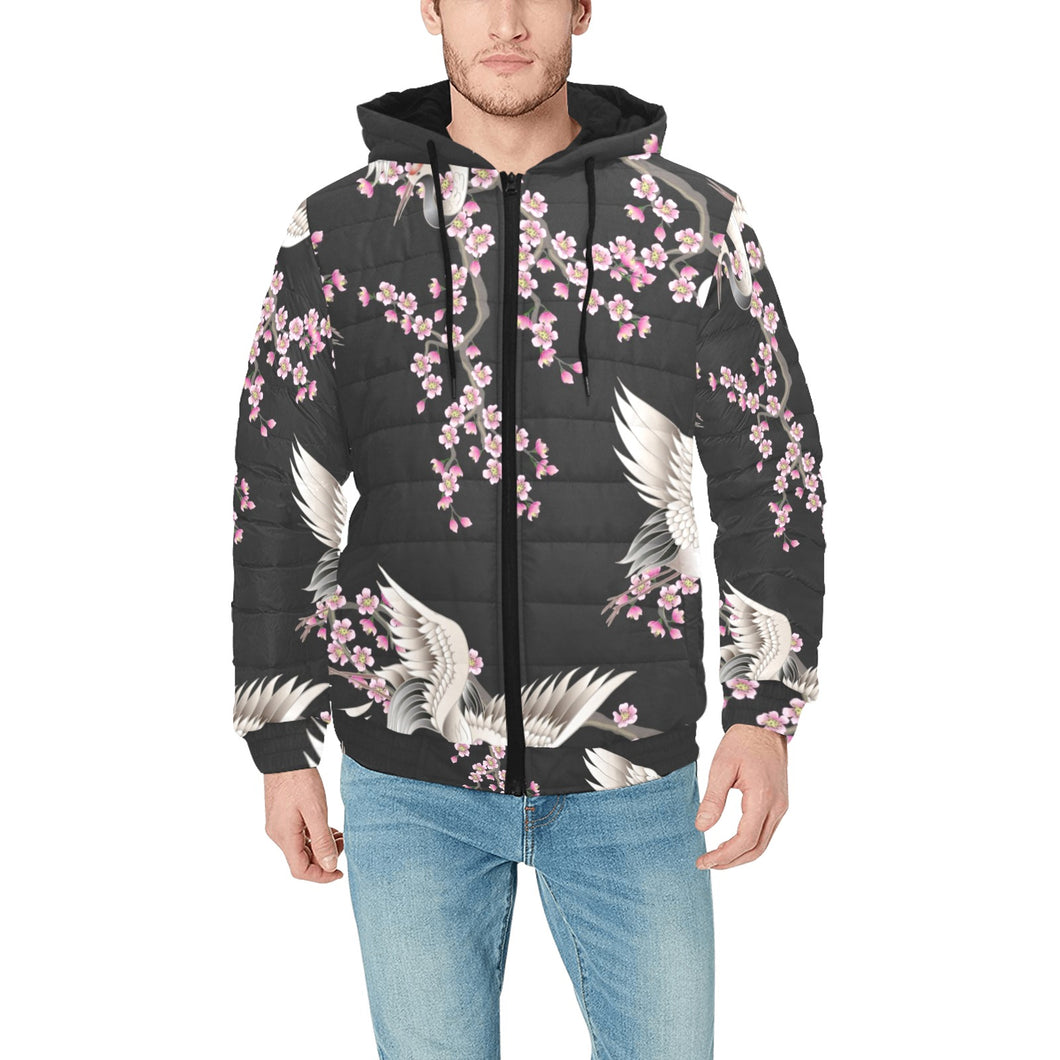 Japanese crane pink sakura pattern Men's Padded Hooded Jacket