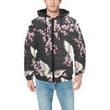Japanese crane pink sakura pattern Men's Padded Hooded Jacket