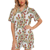 Red tulips and daffodils pattern Women's V-Neck Short Pajama Set