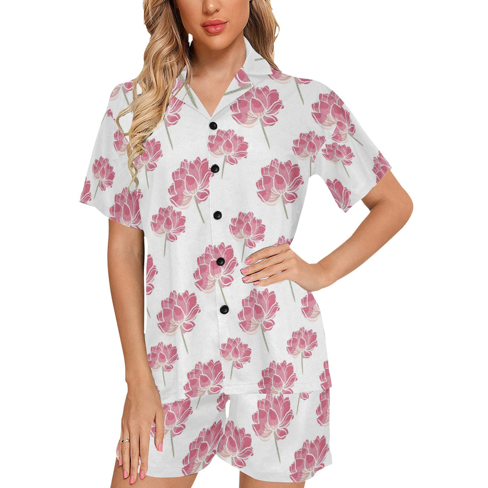 Pink lotus waterlily pattern Women's V-Neck Short Pajama Set