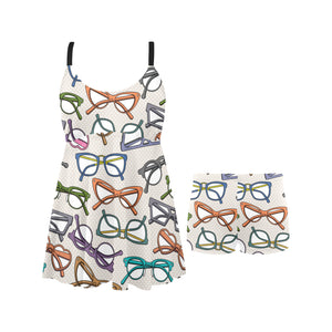 Sun Glasses Pattern Print Design 01 Chest Sexy Pleated Two Piece Swim Dress