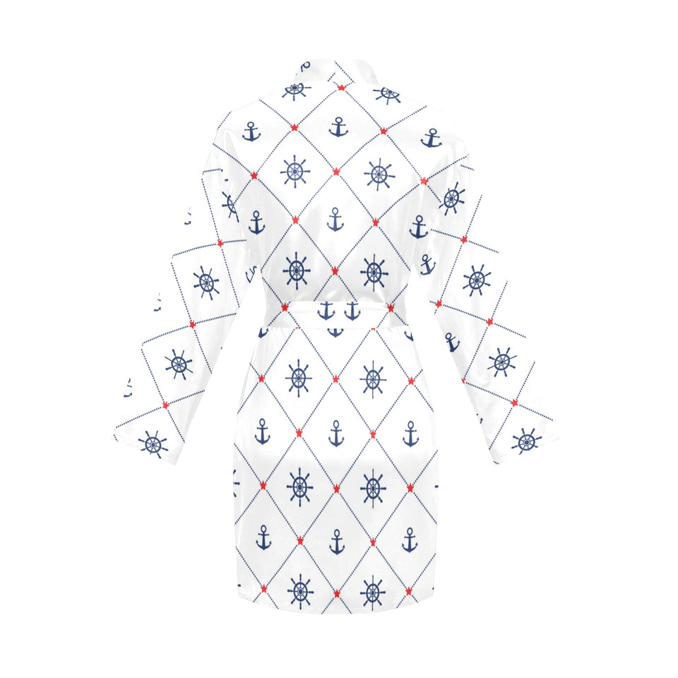 Anchor rudder nautical design pattern Women's Long Sleeve Belted Night Robe