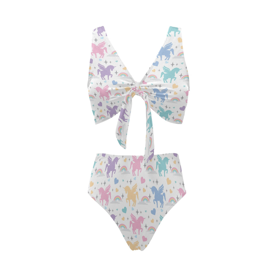 colorful unicorn rainbow heart pattern Chest Bowknot High Waisted Bikini Swimsuit