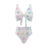 colorful unicorn rainbow heart pattern Chest Bowknot High Waisted Bikini Swimsuit