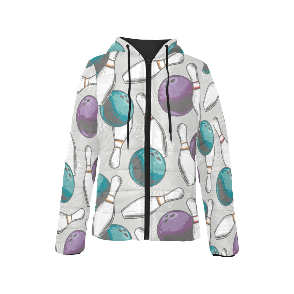 Bowling ball and pin gray background Women's Padded Hooded Jacket