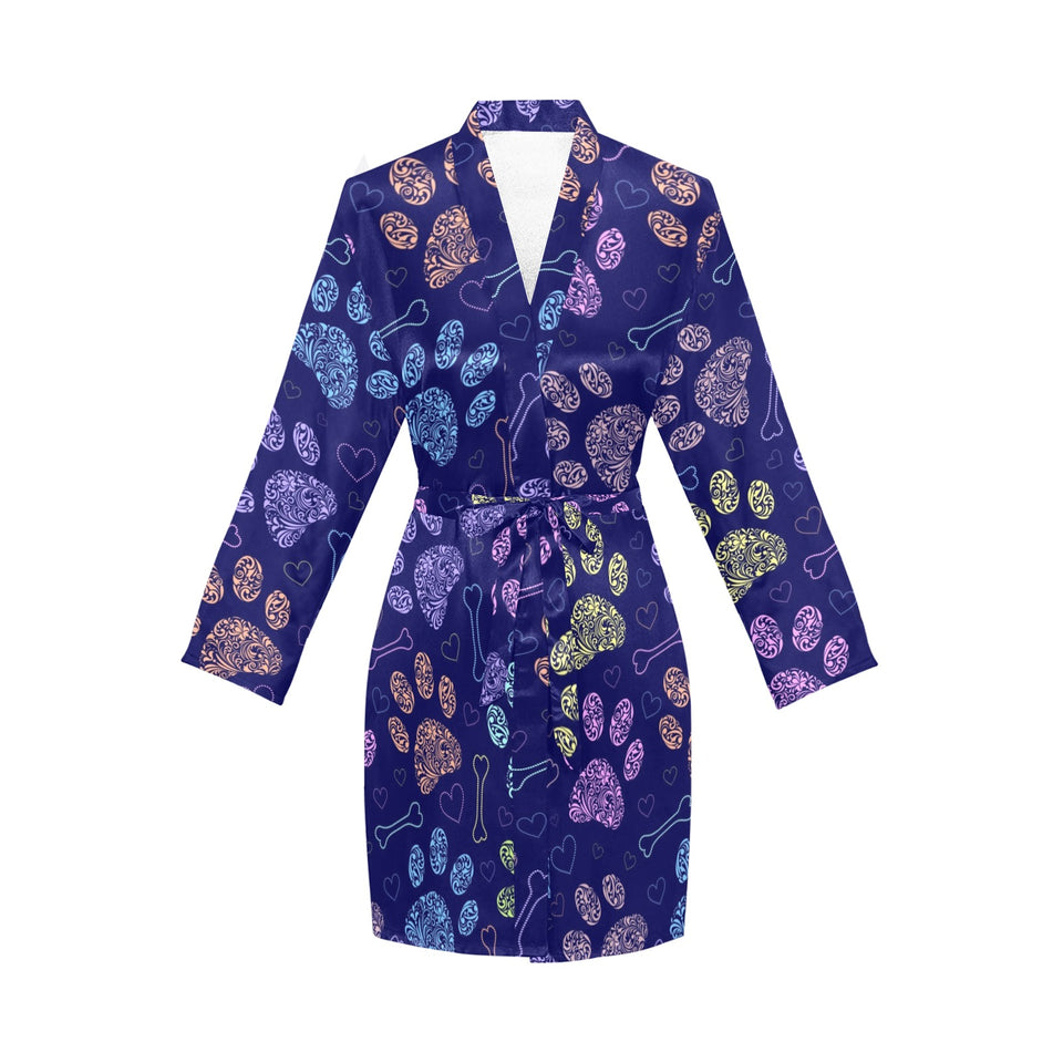 Dog Paws Pattern Print Design 02 Women's Long Sleeve Belted Night Robe