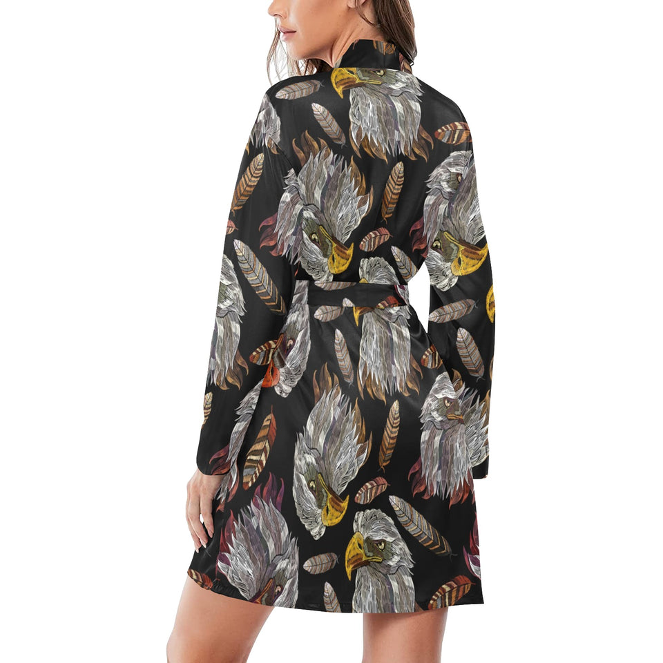 Eagle Pattern Print Design 05 Women's Long Sleeve Belted Night Robe