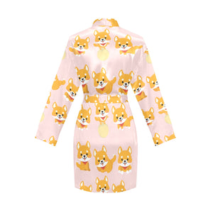 Cute shiba inu dog pattern Women's Long Sleeve Belted Night Robe