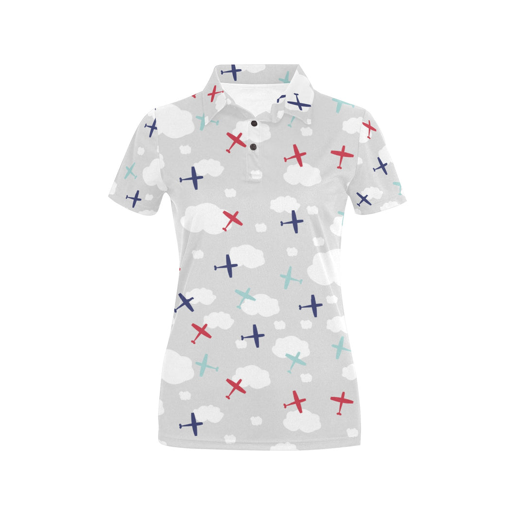 Airplane cloud grey background Women's All Over Print Polo Shirt