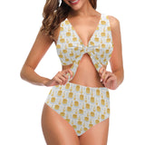 Pancake Pattern Print Design 05 Chest Bowknot High Waisted Bikini Swimsuit