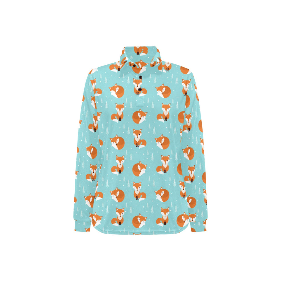 Fox pattern blue b ackground Women's Long Sleeve Polo Shirt