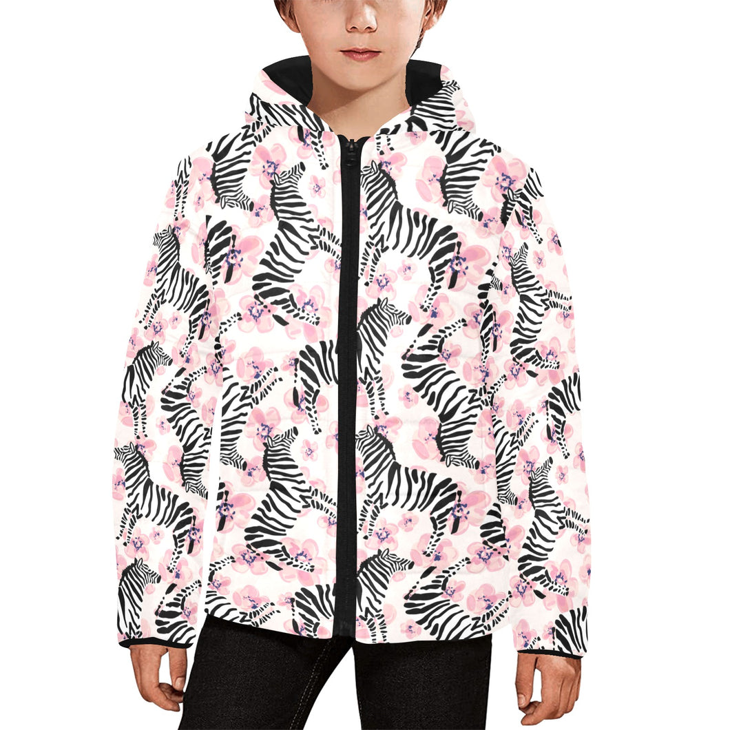 Zebra pink flower background Kids' Boys' Girls' Padded Hooded Jacket