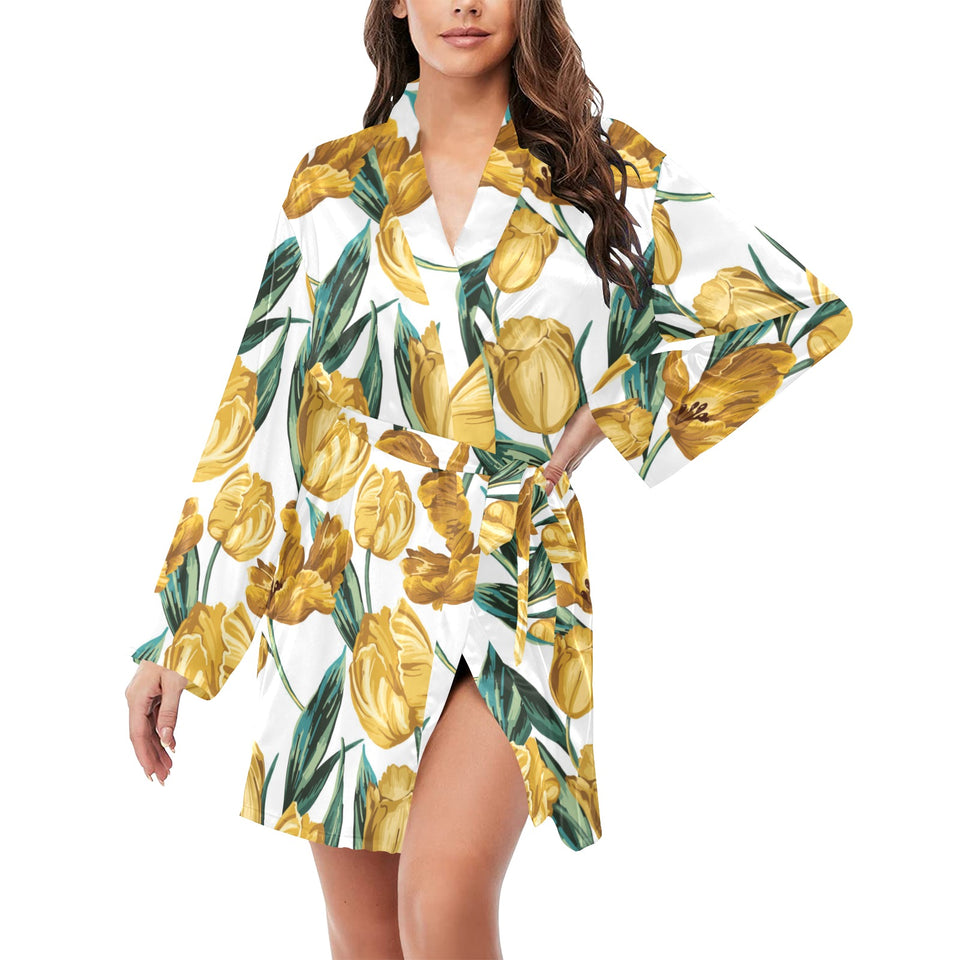 yellow tulips pattern Women's Long Sleeve Belted Night Robe