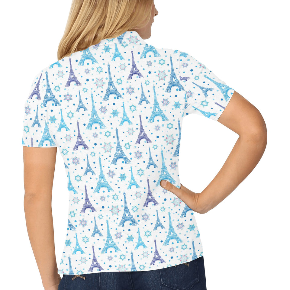 Blue Eiffel Tower Theme Pattern Print Design 01 Women's All Over Print Polo Shirt