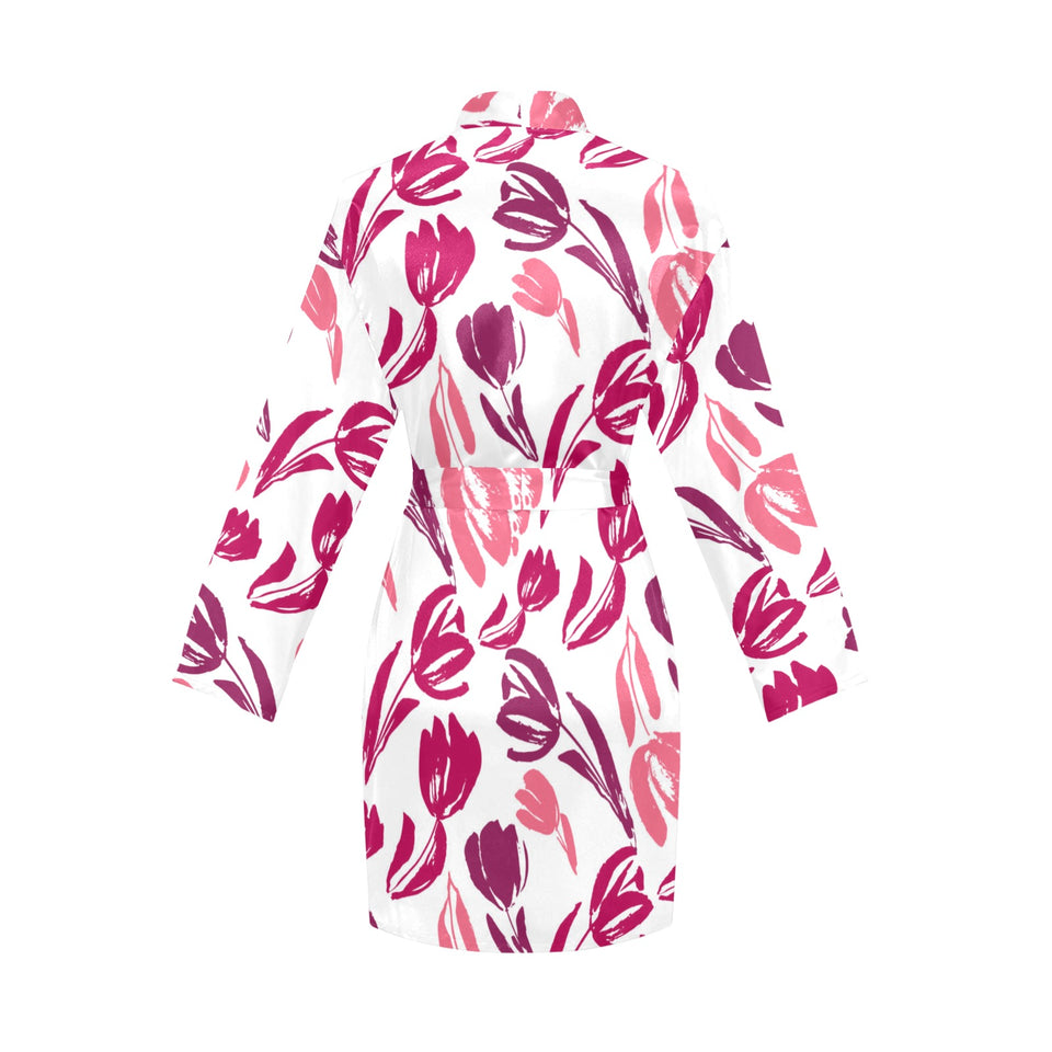pink sketch tulip pattern Women's Long Sleeve Belted Night Robe