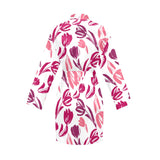 pink sketch tulip pattern Women's Long Sleeve Belted Night Robe