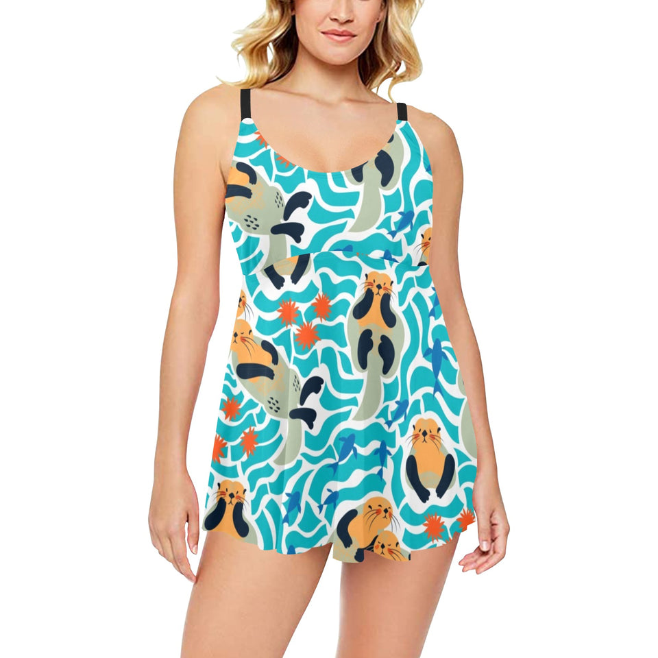 Cute sea otters fishe sea urchin pattern Chest Sexy Pleated Two Piece Swim Dress
