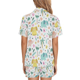 Cute elephants palm tree flower butterfly pattern Women's V-Neck Short Pajama Set