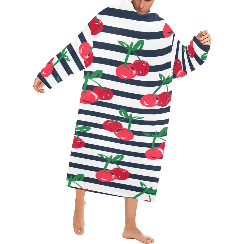 Hand drawn cherry pattern striped background Blanket Robe with Sleeves