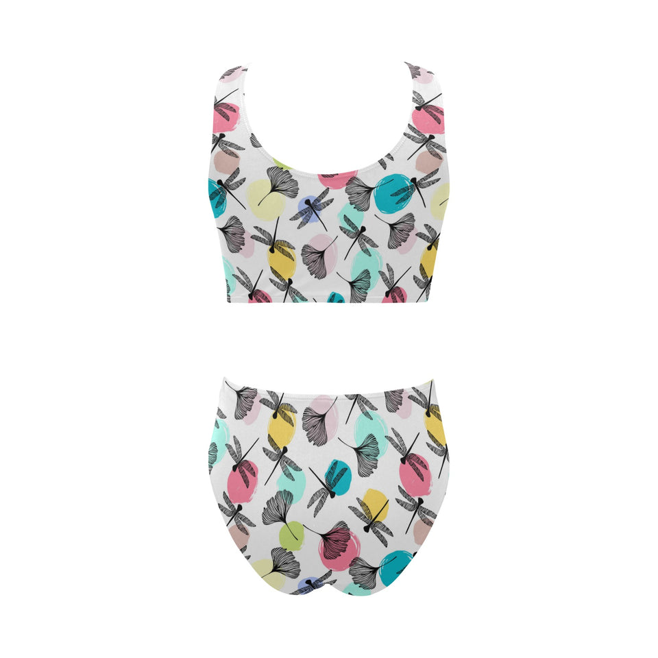 Dragonflies ginkgo leaves pattern Chest Bowknot High Waisted Bikini Swimsuit
