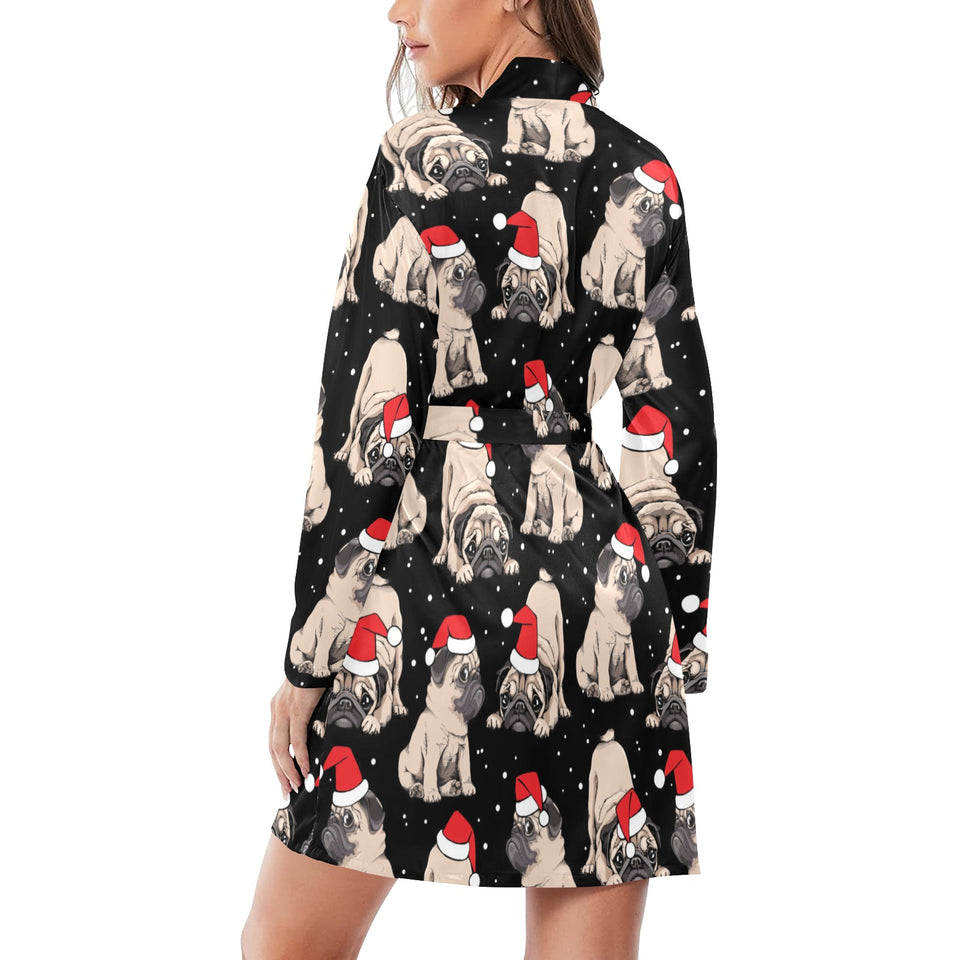 Christmas Pugs Santa_s red cap pattern Women's Long Sleeve Belted Night Robe
