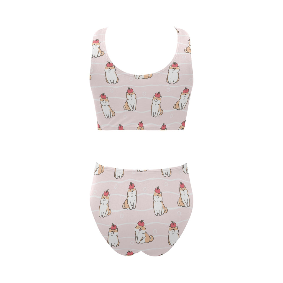 Cute Shiba Inu Dog Apple pattern Chest Bowknot High Waisted Bikini Swimsuit
