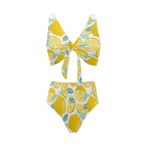 lemon design pattern Chest Bowknot High Waisted Bikini Swimsuit