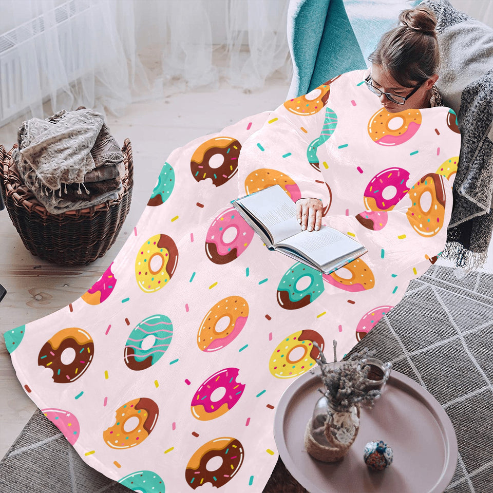 Donut pattern glaze pink background Blanket Robe with Sleeves
