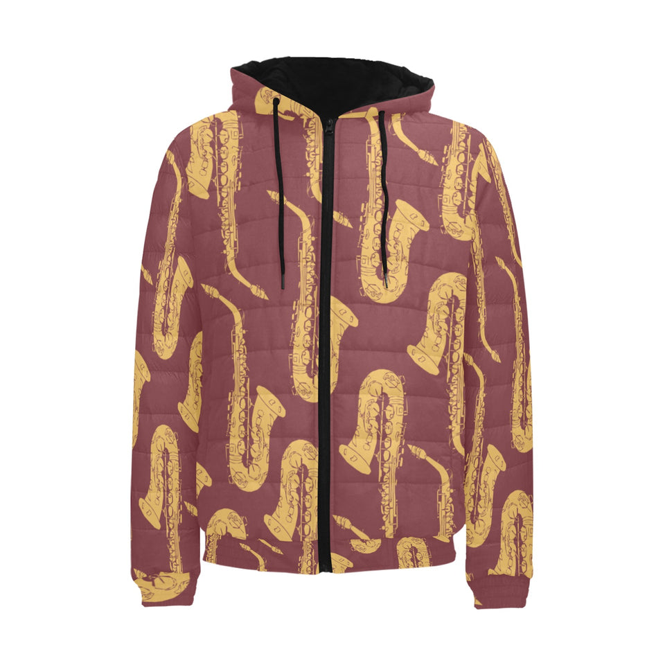 Hand drawn gold saxophone red background Men's Padded Hooded Jacket