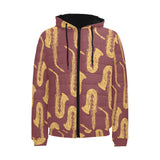 Hand drawn gold saxophone red background Men's Padded Hooded Jacket