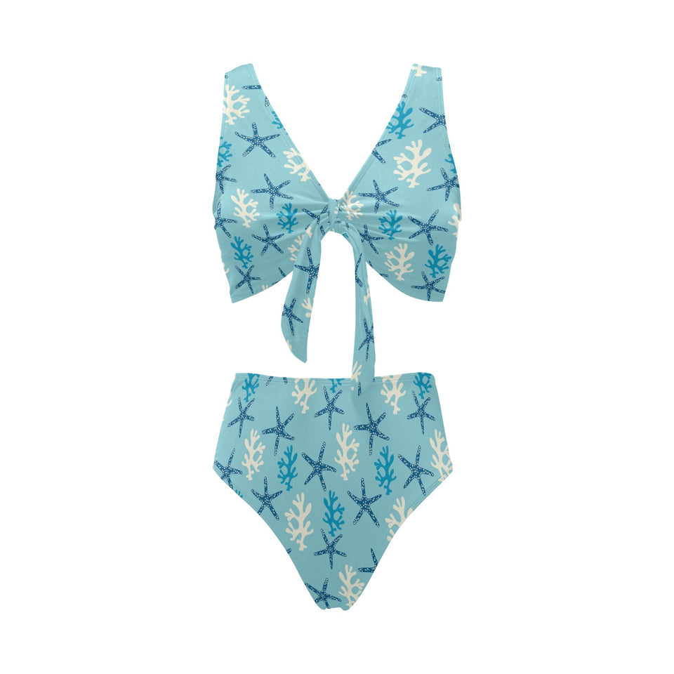 Blue starfish coral reef pattern Chest Bowknot High Waisted Bikini Swimsuit
