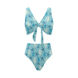 Blue starfish coral reef pattern Chest Bowknot High Waisted Bikini Swimsuit